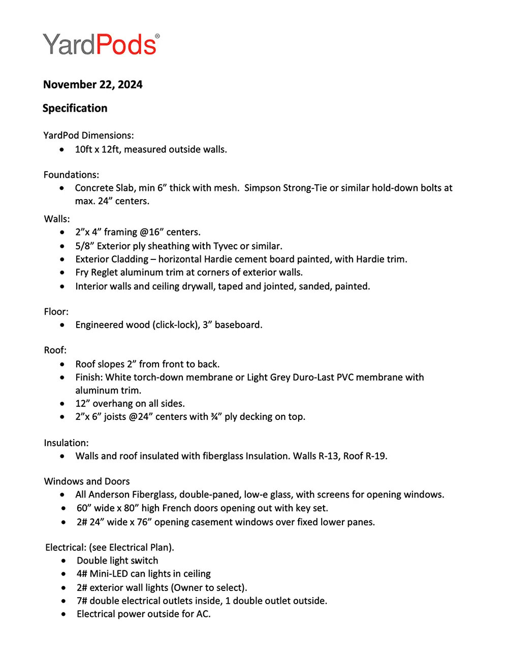 Design Specifications & Materials List